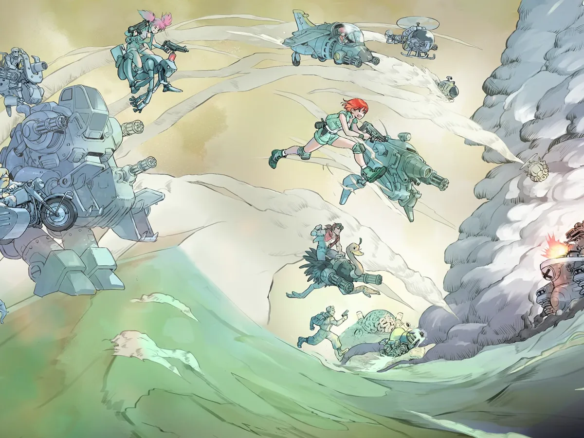 Soldiers and stylised military vehicles race through a snowy mountain scene in Metal Slug artwork.