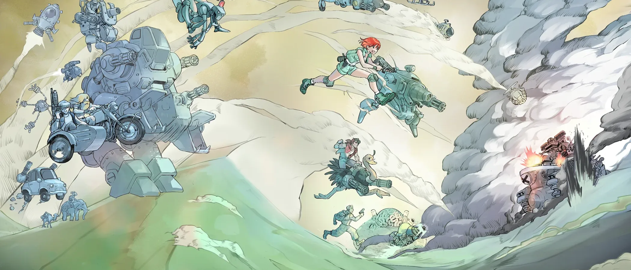 Soldiers and stylised military vehicles race through a snowy mountain scene in Metal Slug artwork.