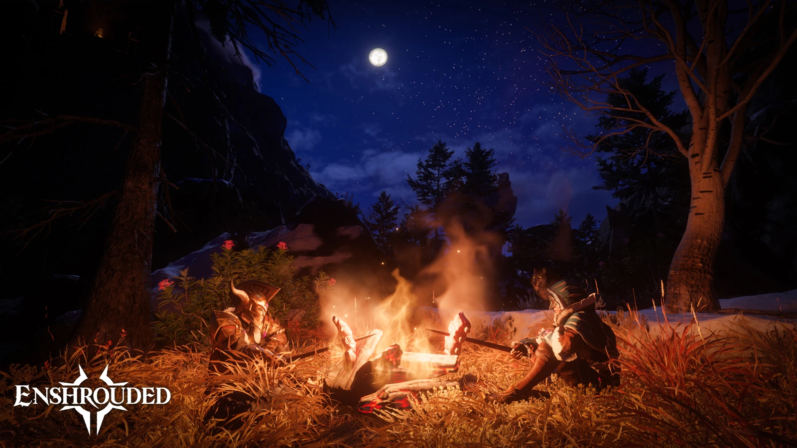 Three adventurers sit around a campfire beneath the moon in Enshrouded.