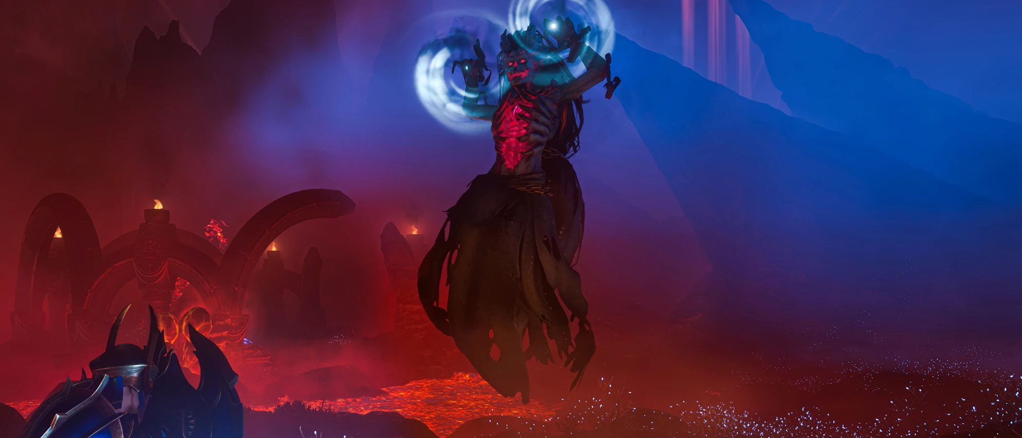 An Enshrouded warrior faces a floating enemy glowing with blue magic.