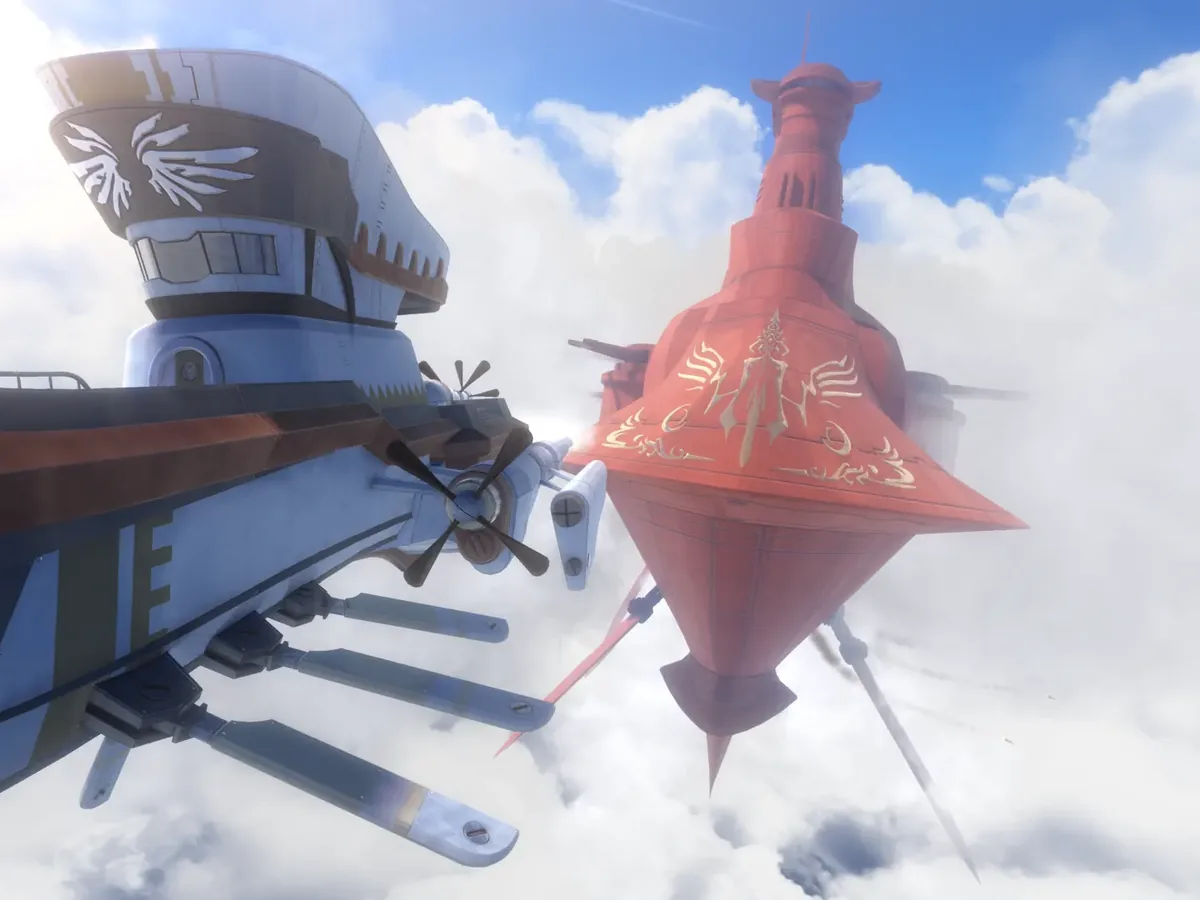Two ornate airships fly side by side above a sea of clouds in Trails in the Sky 2nd Chapter.