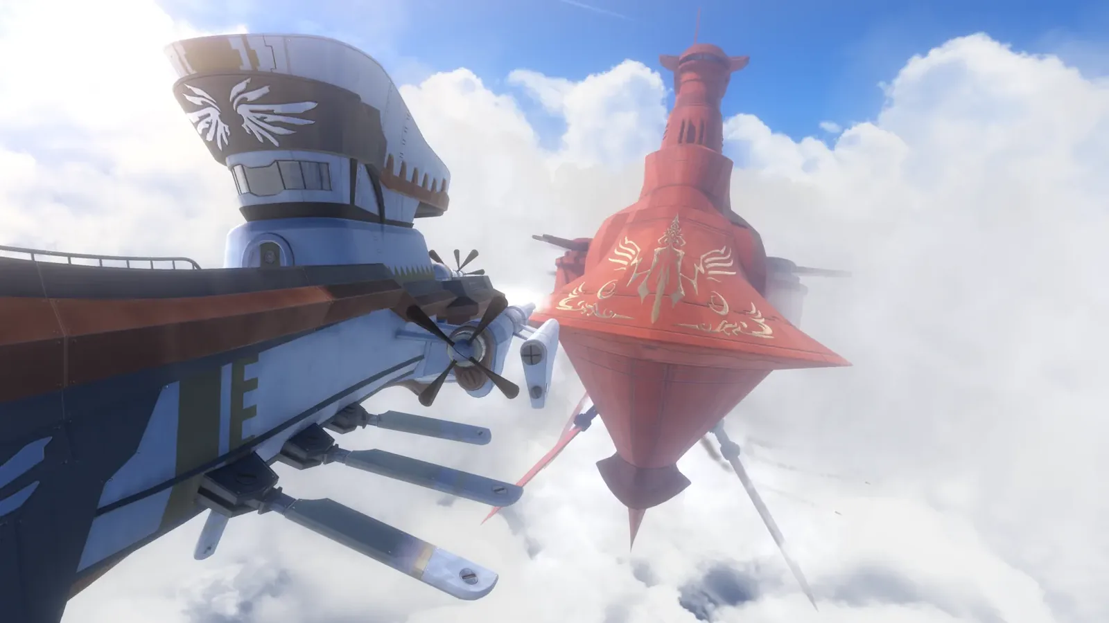 Two ornate airships fly side by side above a sea of clouds in Trails in the Sky 2nd Chapter.