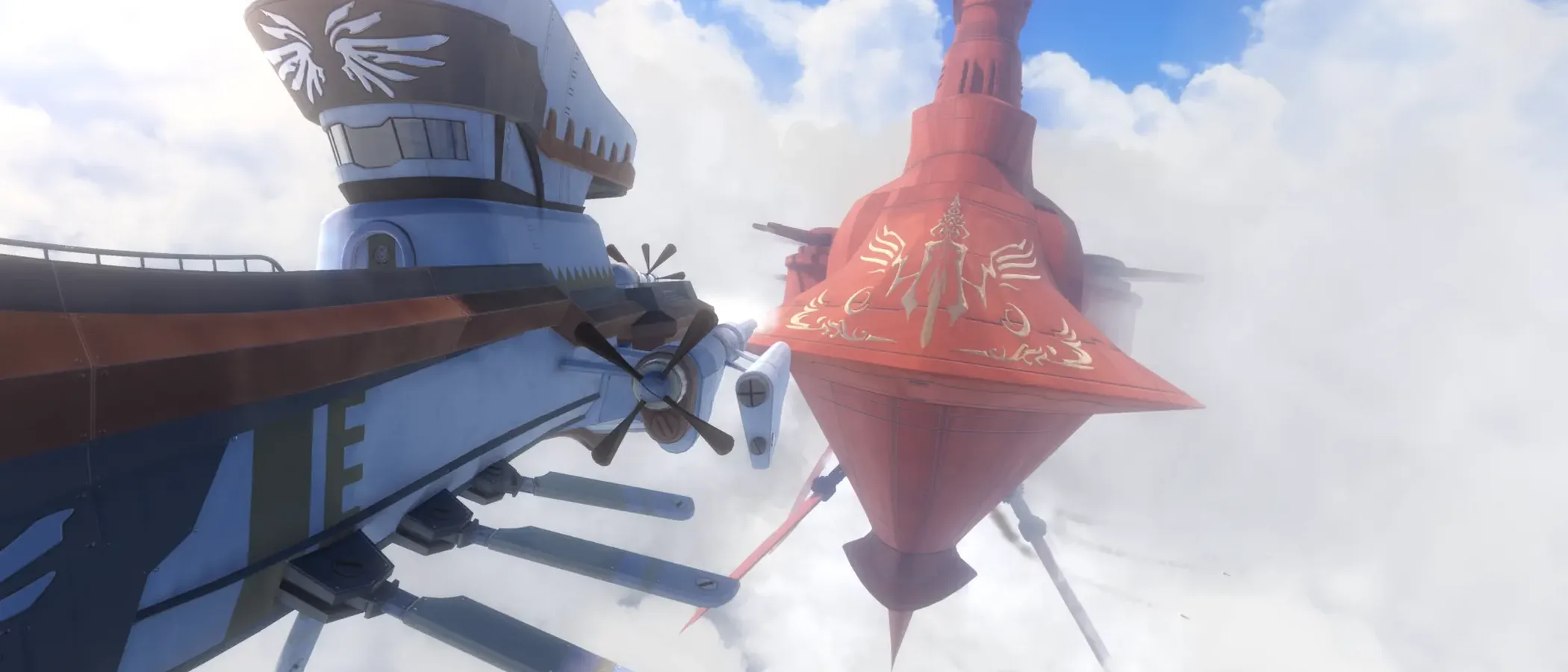 Two ornate airships fly side by side above a sea of clouds in Trails in the Sky 2nd Chapter.