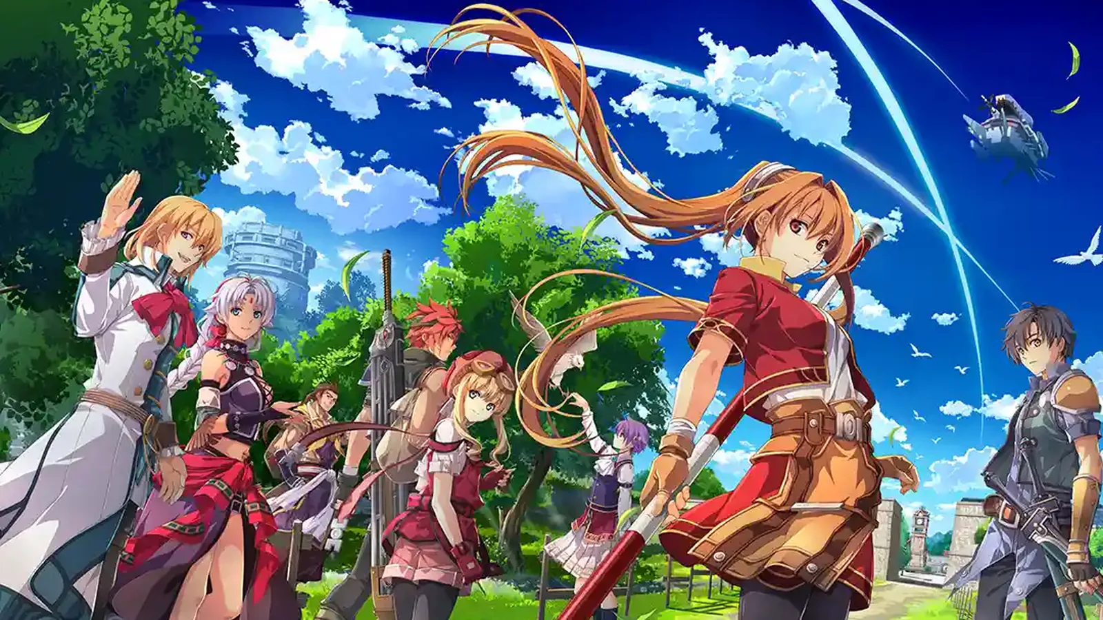 Estelle Bright stands ahead of her companions beneath a deep blue sky in official Trails in the Sky 2nd Chapter art.