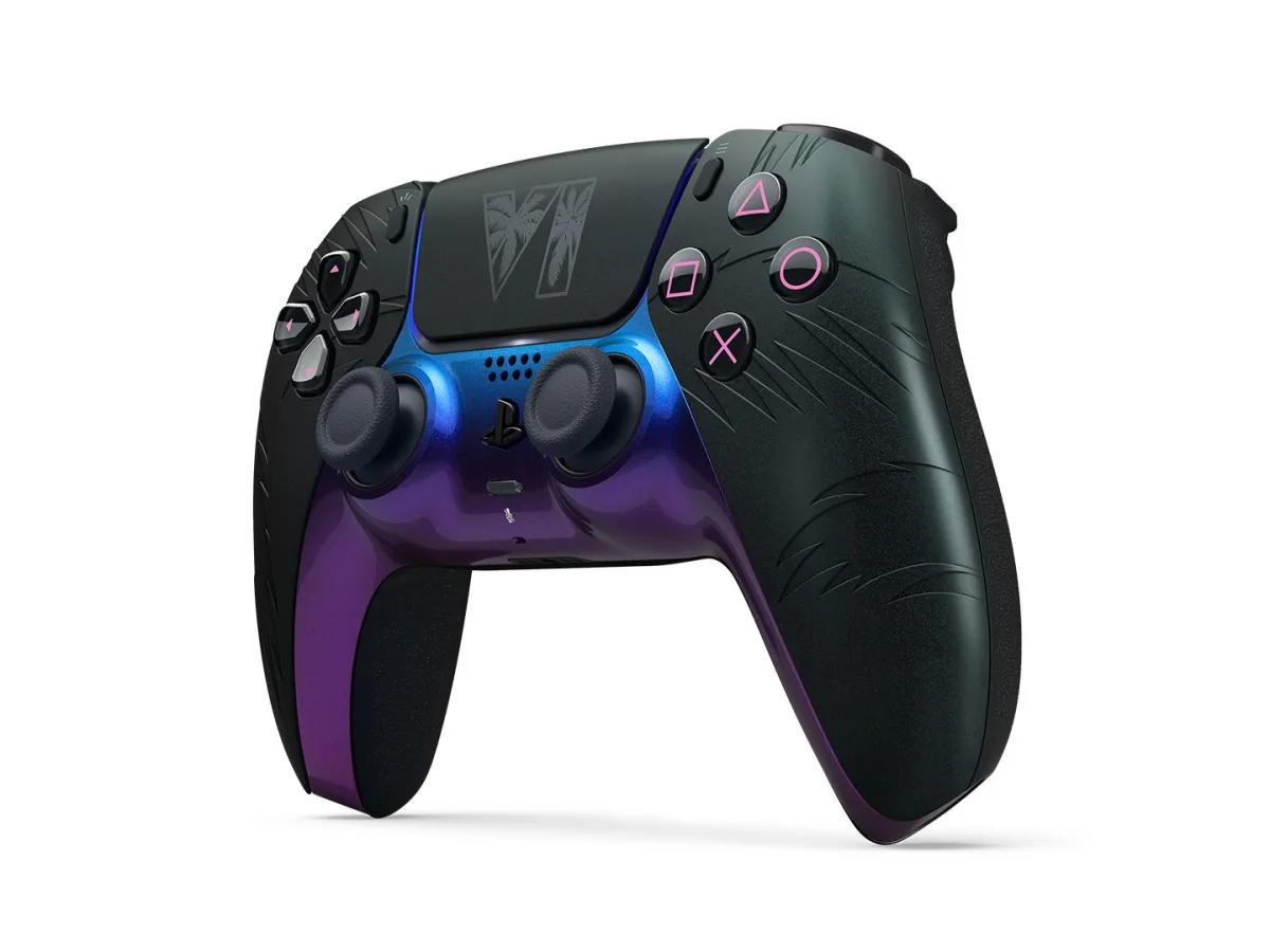 The black Grand Theft Auto VI limited-edition DualSense controller with purple and blue accents.