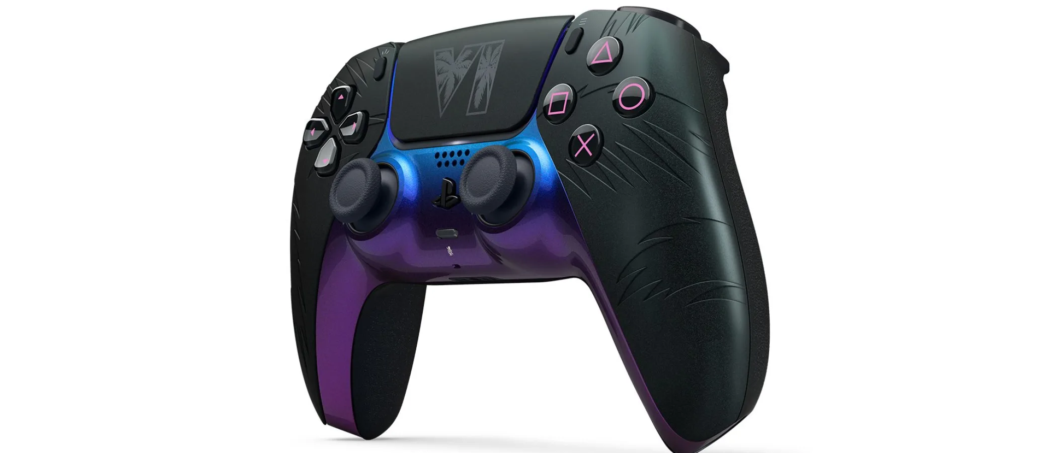 The black Grand Theft Auto VI limited-edition DualSense controller with purple and blue accents.