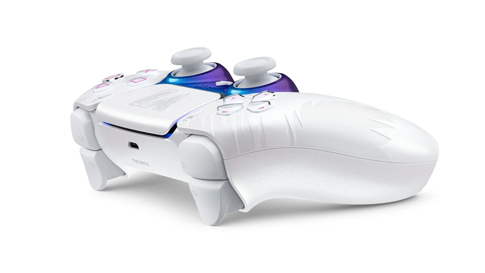 The white Grand Theft Auto VI limited-edition DualSense controller shown from above.
