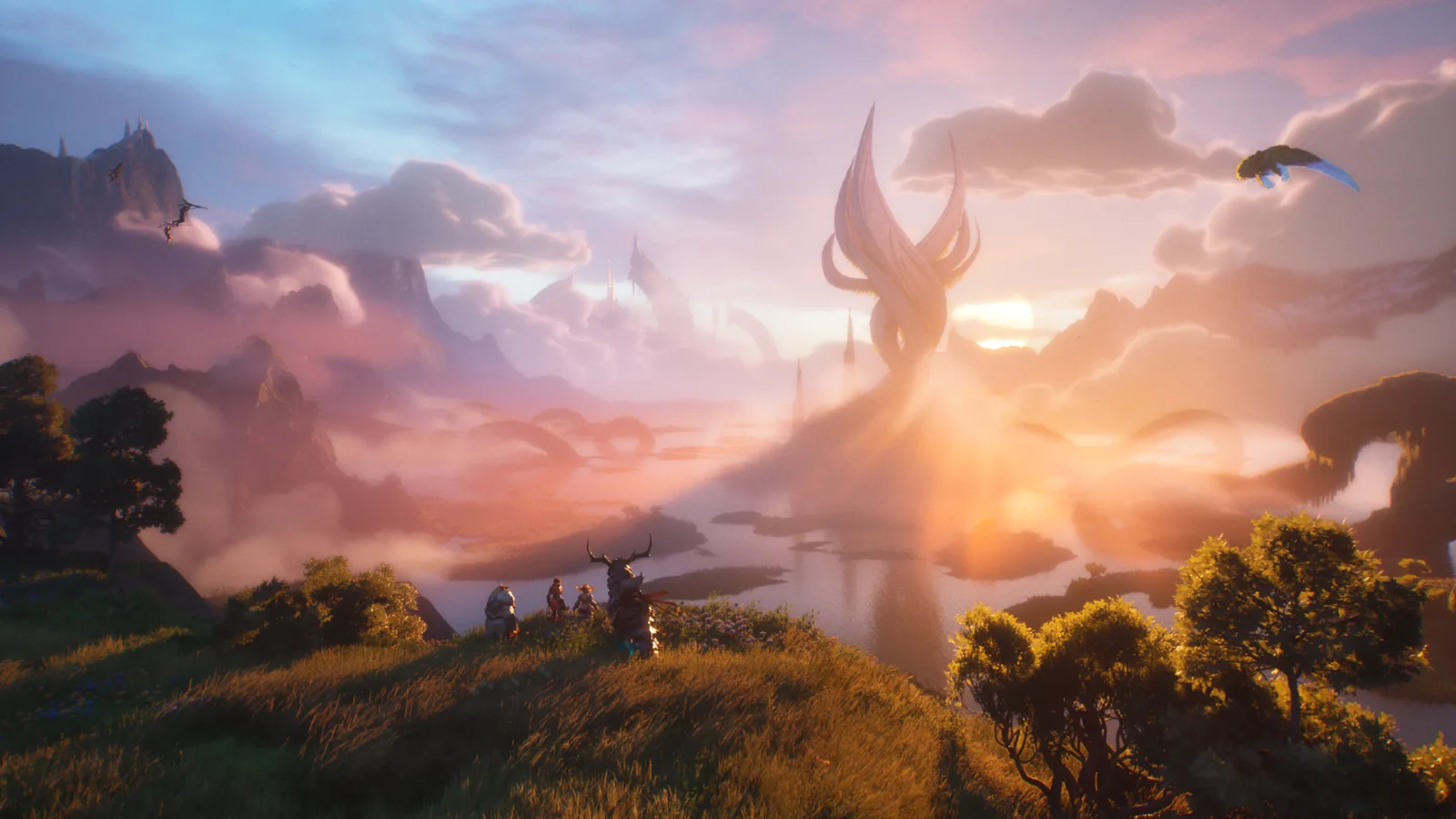 Four adventurers look across a glowing valley with distant flying spirit mounts at sunset.