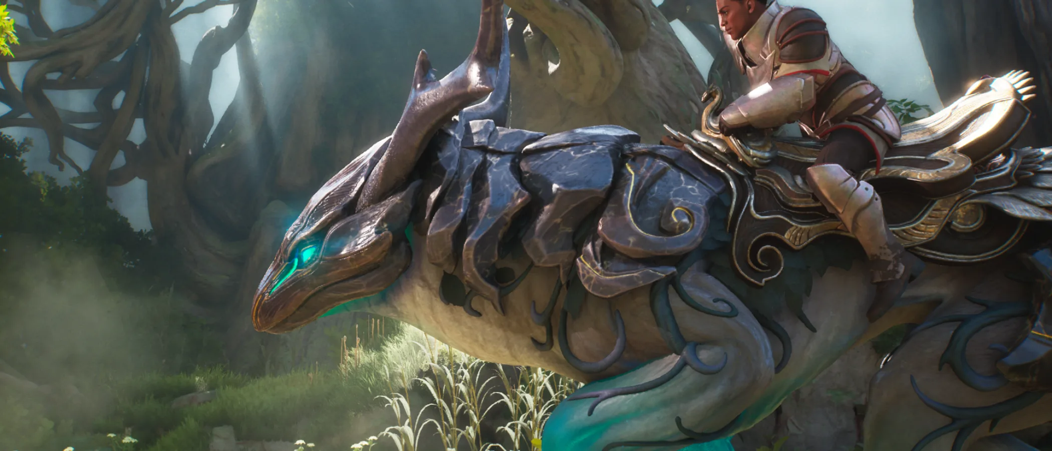 An armoured rider travels through a sunlit forest on a horned spirit mount.