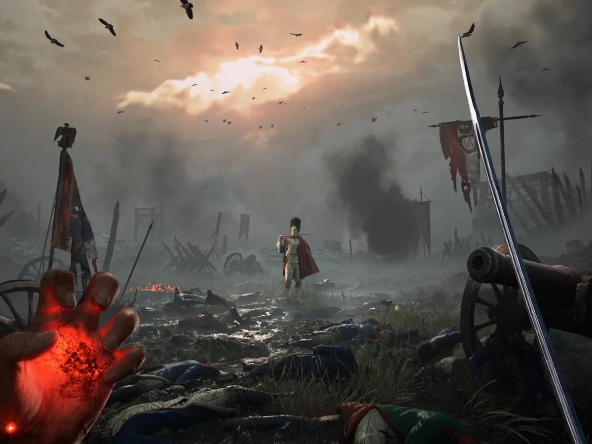 A sword and a glowing hand face a uniformed figure across a muddy battlefield in Valor Mortis.