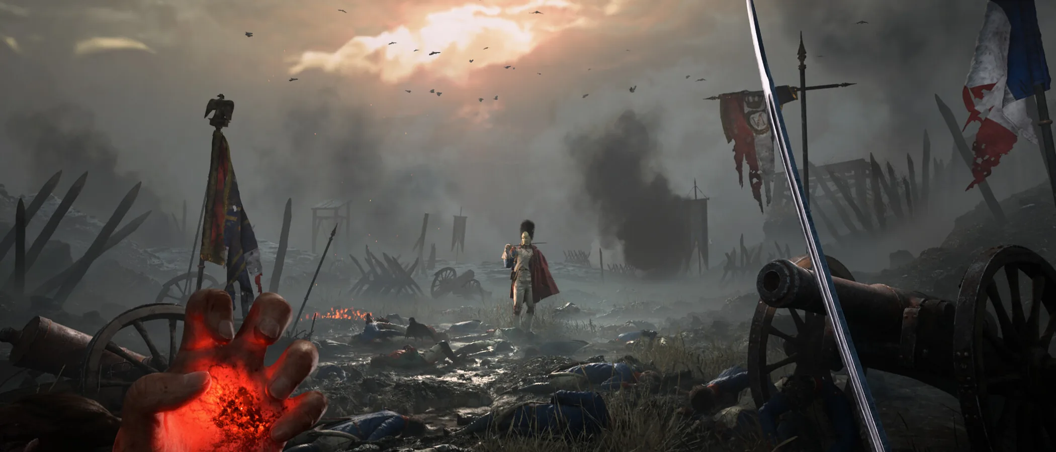 A sword and a glowing hand face a uniformed figure across a muddy battlefield in Valor Mortis.