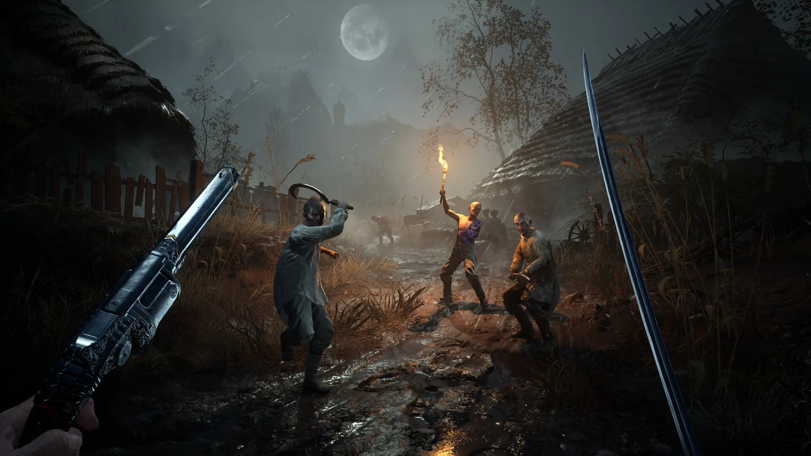 A pistol and sword face three hostile villagers on a muddy path in Valor Mortis.