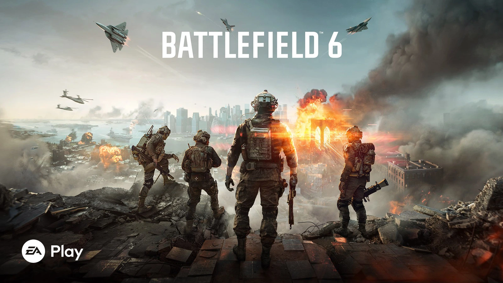 Battlefield 6 key art with soldiers overlooking a burning city and the EA Play logo