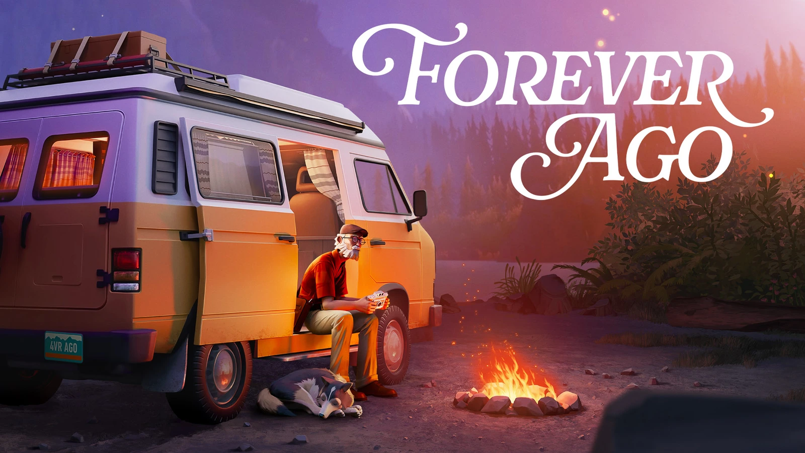 Forever Ago key art showing Alfred sitting beside his campervan with his dog