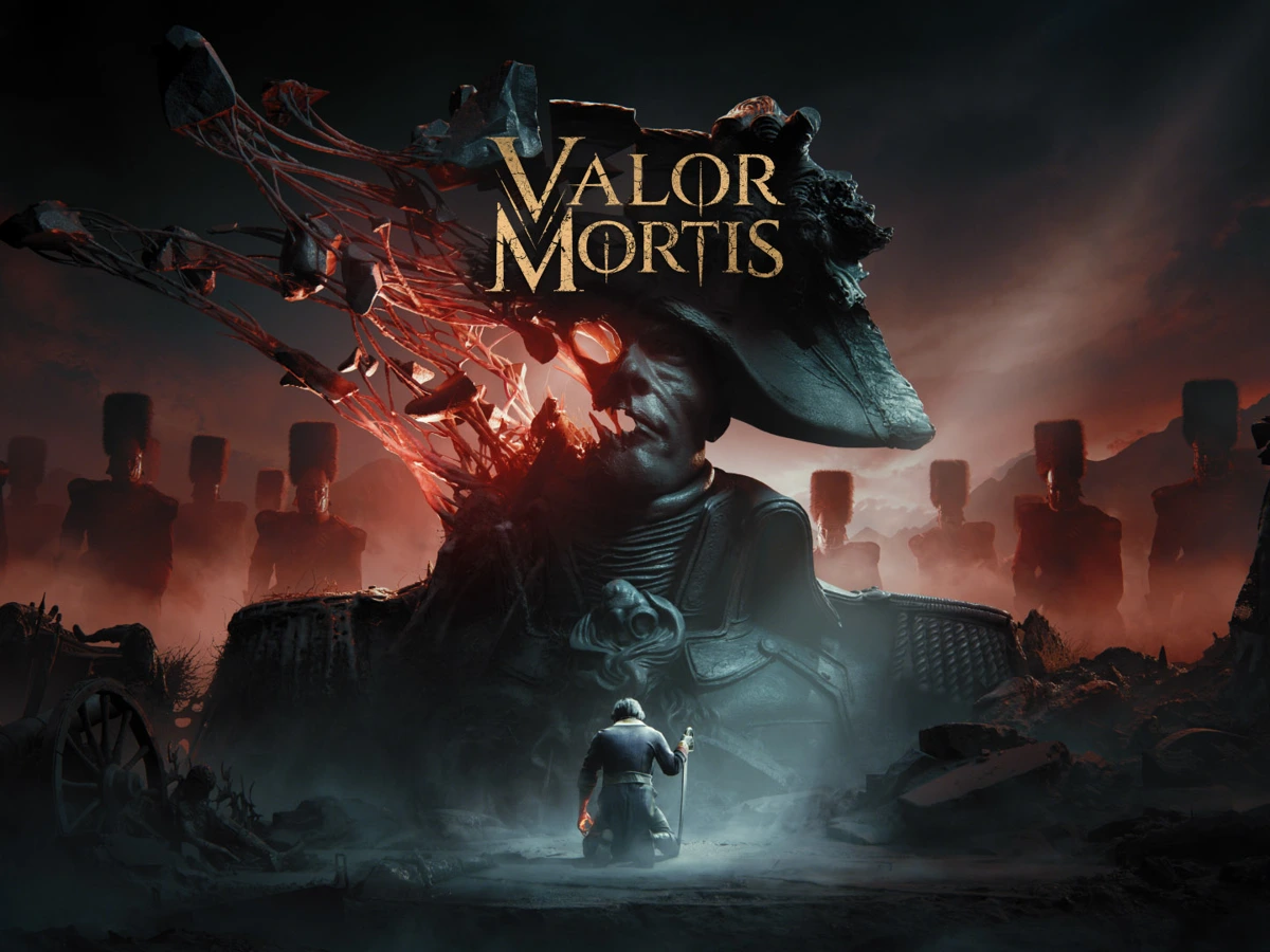 Valor Mortis key art showing a soldier beneath a giant fractured stone head