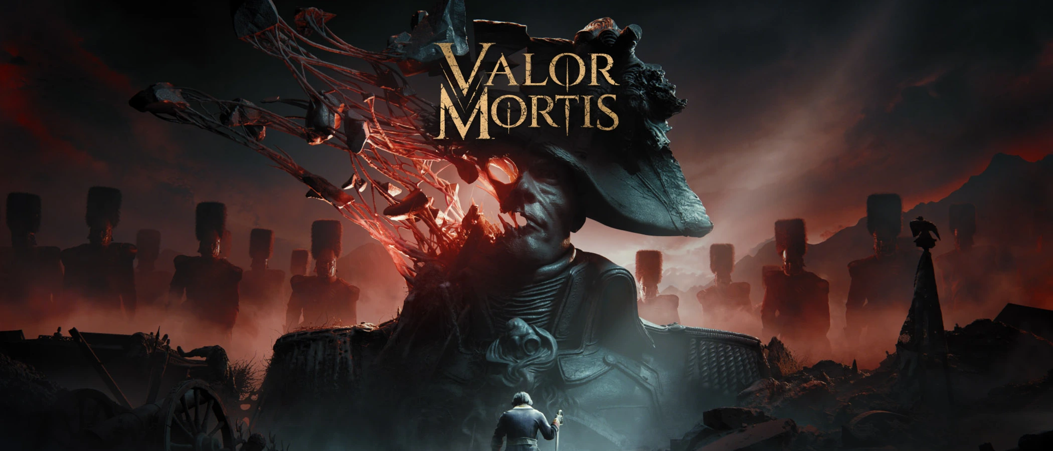 Valor Mortis key art showing a soldier beneath a giant fractured stone head