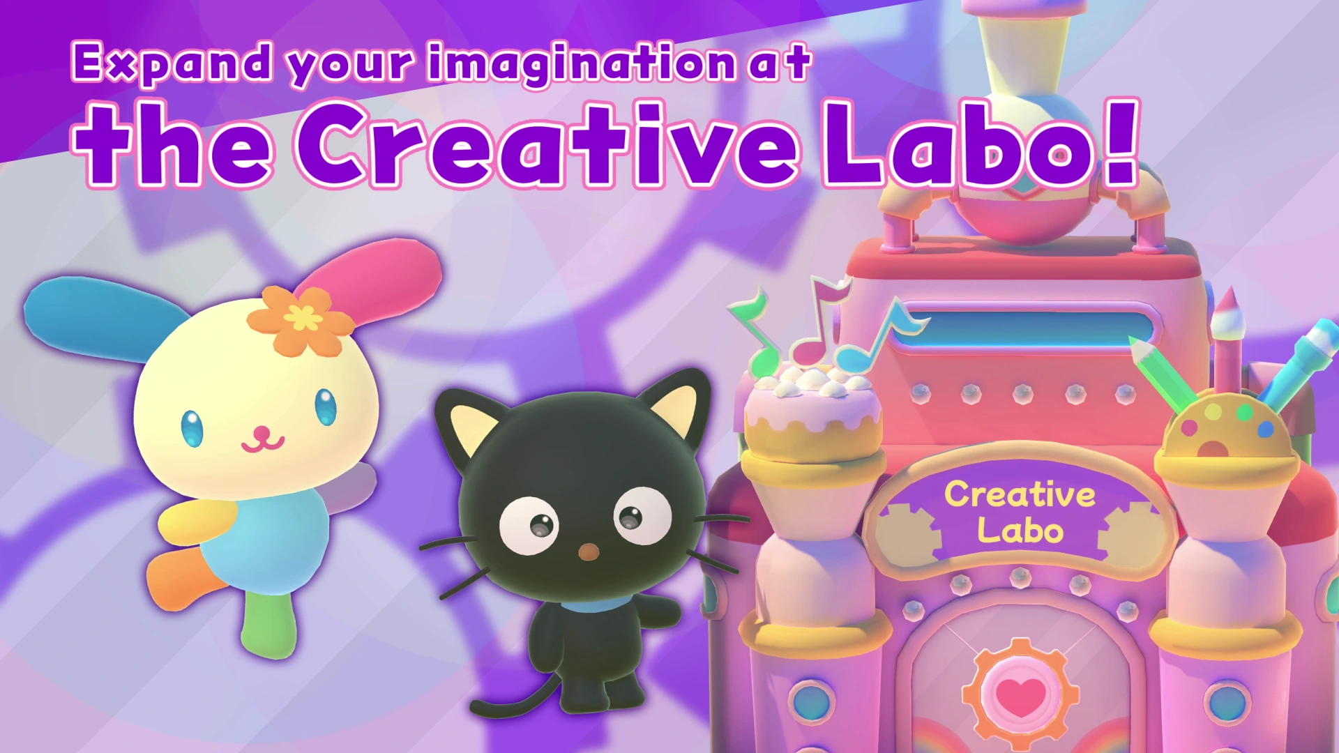 Two Sanrio characters stand beside the Creative Labo in an official promotional image.