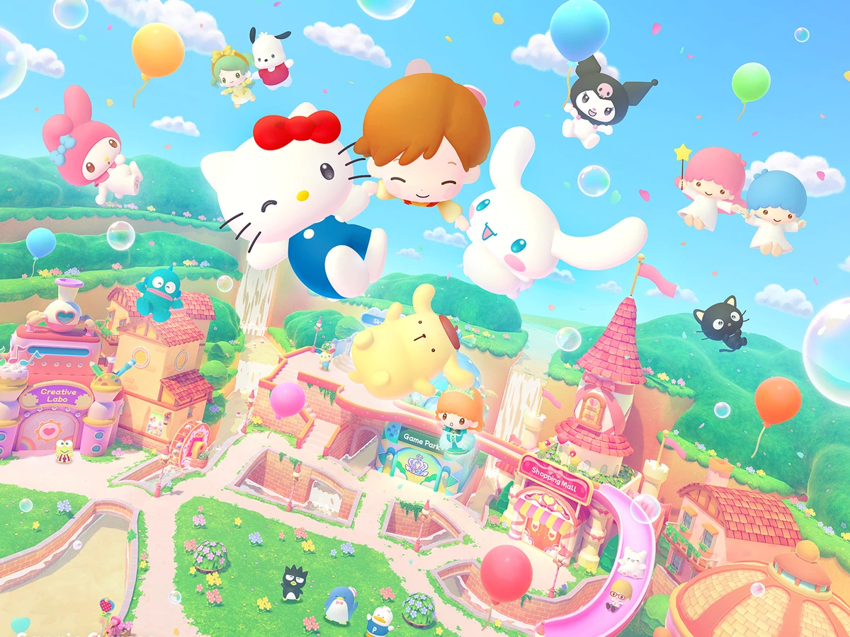 Hello Kitty, Cinnamoroll and an avatar float above the colourful buildings of Party Land in official artwork.