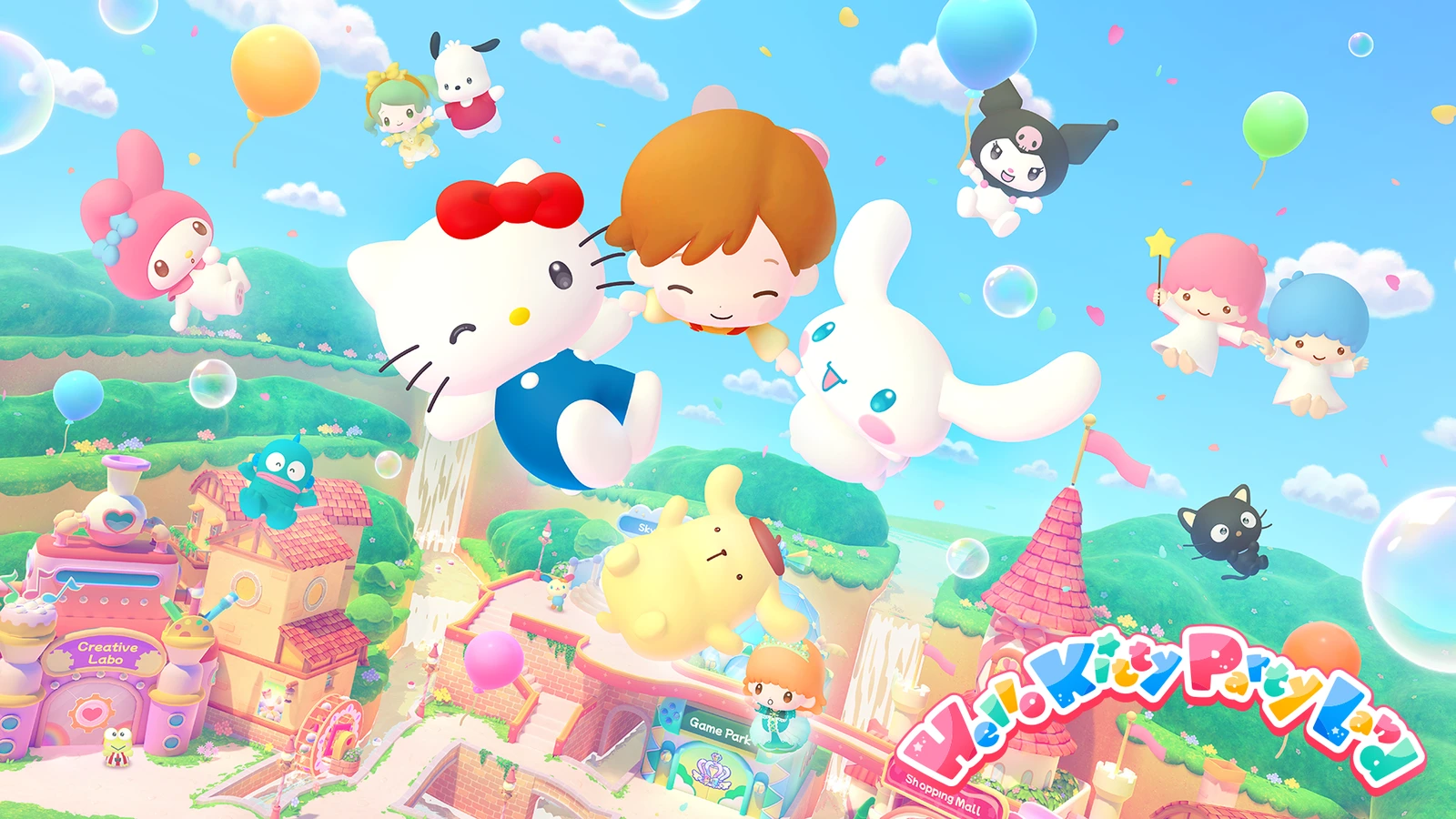 Hello Kitty, Cinnamoroll and an avatar float above the colourful buildings of Party Land in official artwork.