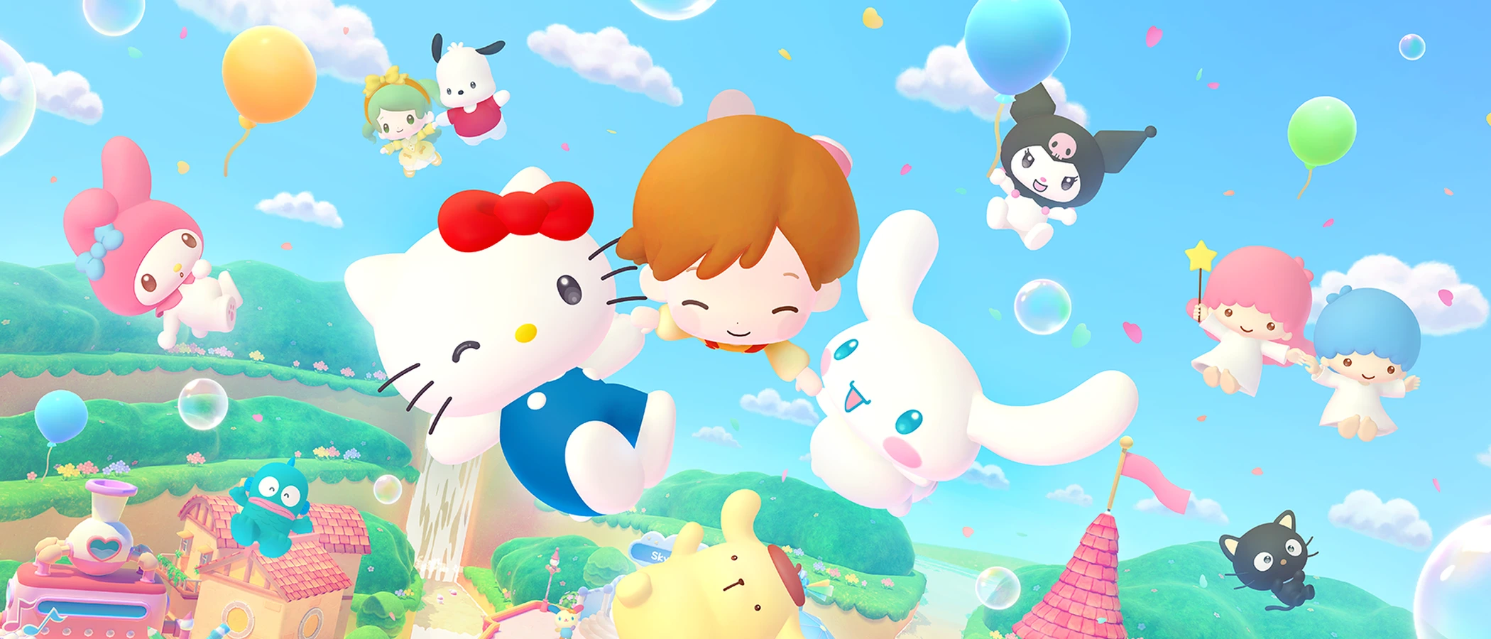 Hello Kitty, Cinnamoroll and an avatar float above the colourful buildings of Party Land in official artwork.