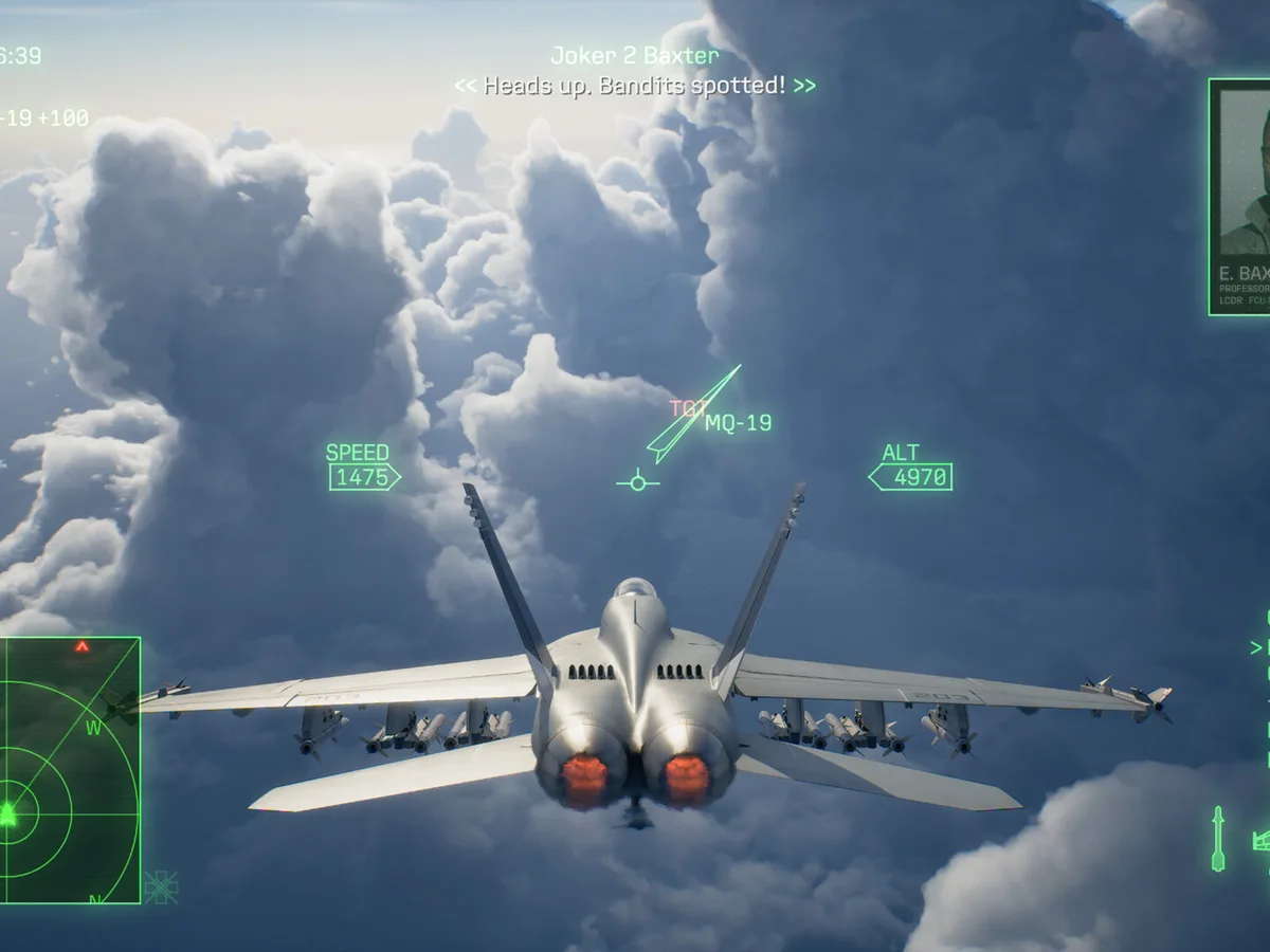 A fighter jet flies towards towering white clouds with a green flight display over the scene.