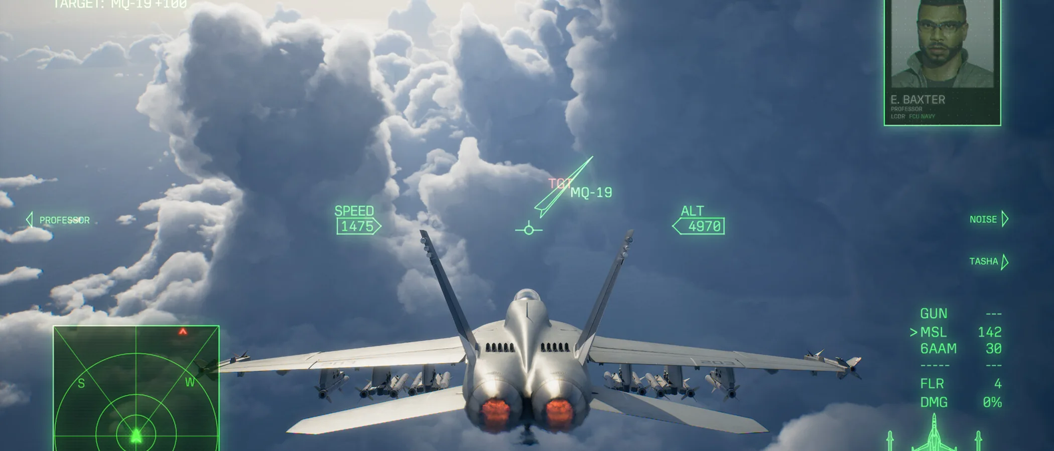 A fighter jet flies towards towering white clouds with a green flight display over the scene.