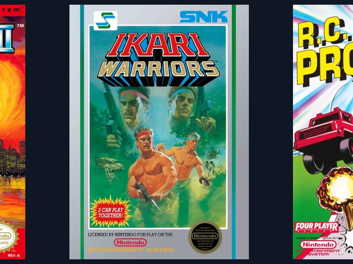 Official Nintendo Classics artwork for Ninja Gaiden III, Ikari Warriors and R.C. Pro-Am II.