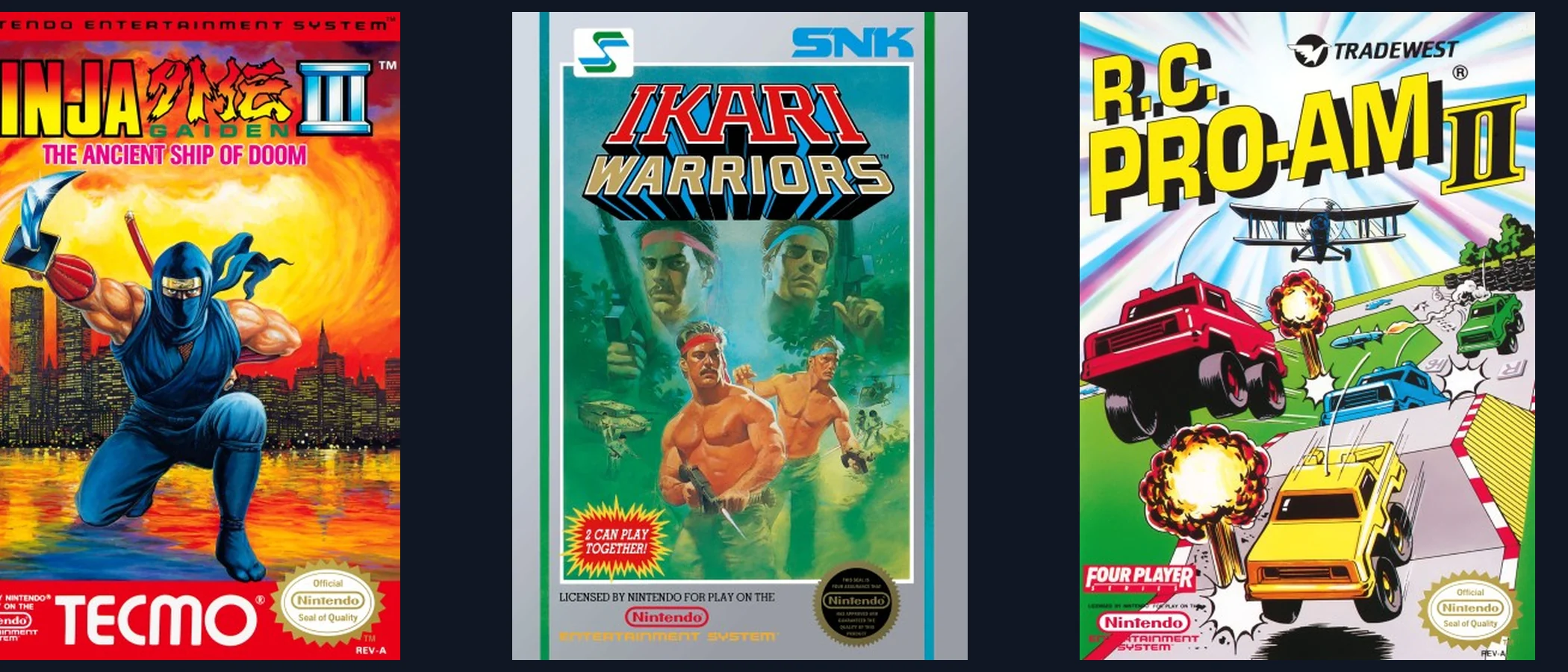Official Nintendo Classics artwork for Ninja Gaiden III, Ikari Warriors and R.C. Pro-Am II.