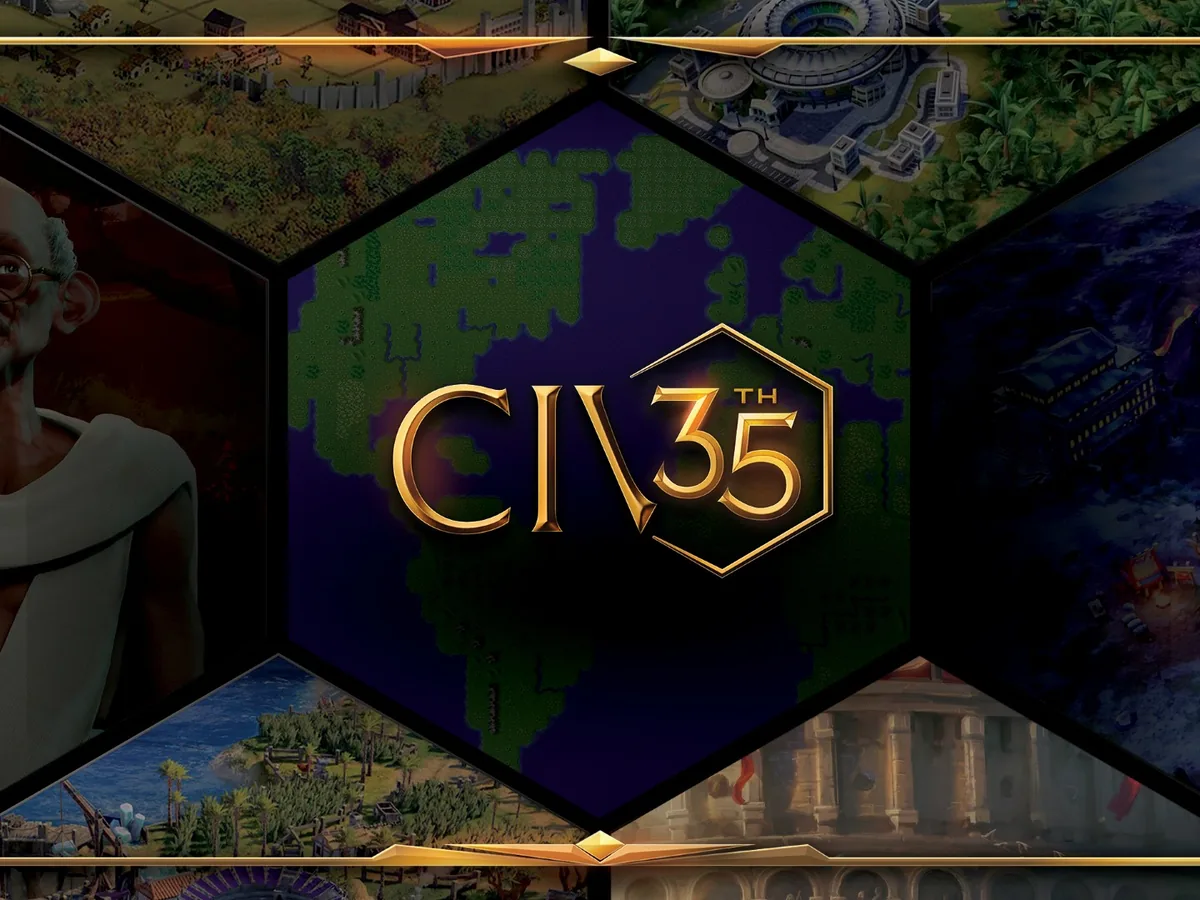 Official Civilization VII anniversary artwork showing leaders from across history.