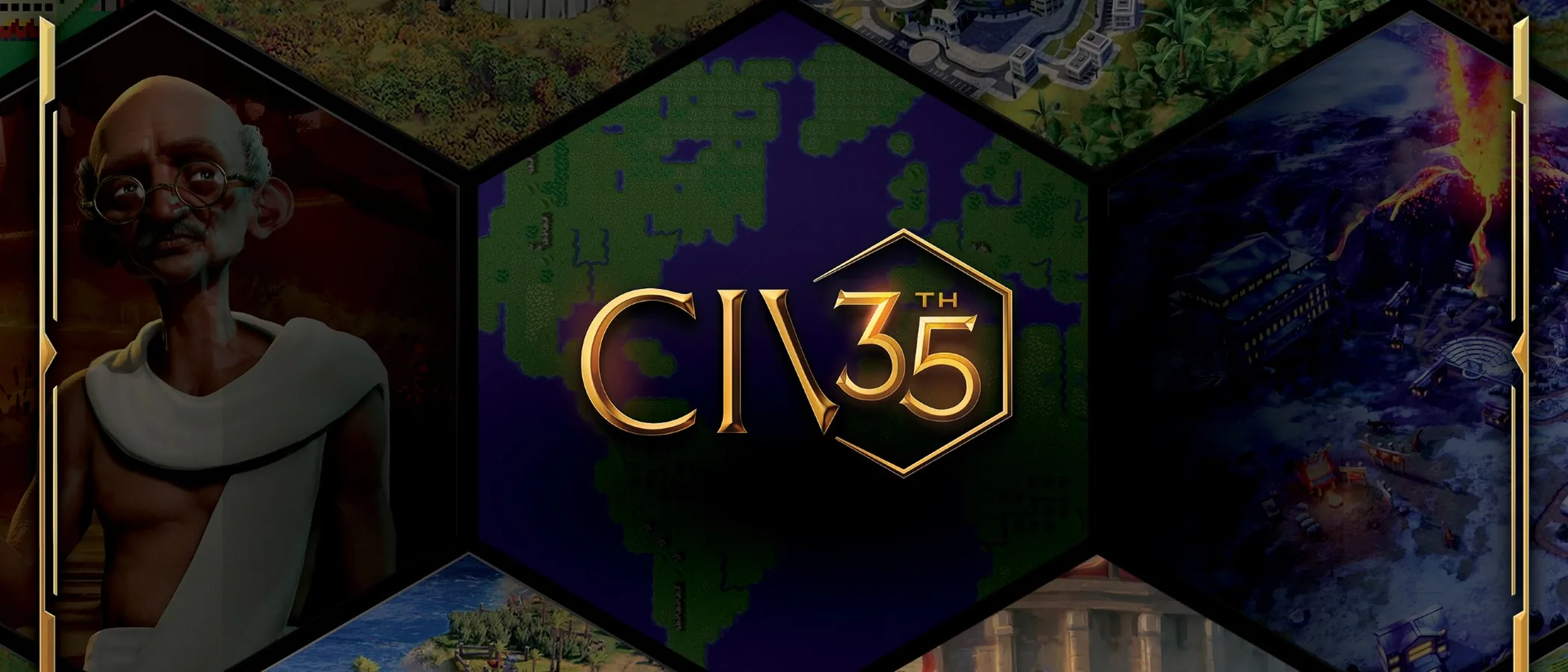 Official Civilization VII anniversary artwork showing leaders from across history.