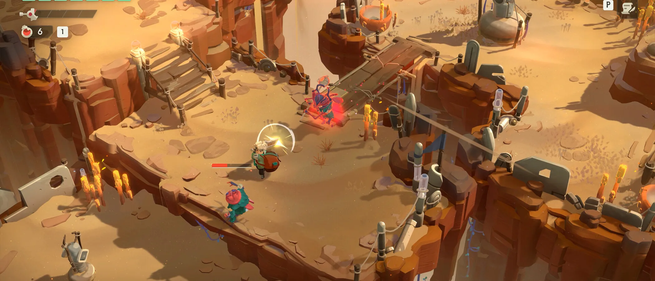 Will fights colourful creatures on a sandstone platform in Moonlighter 2: The Endless Vault.