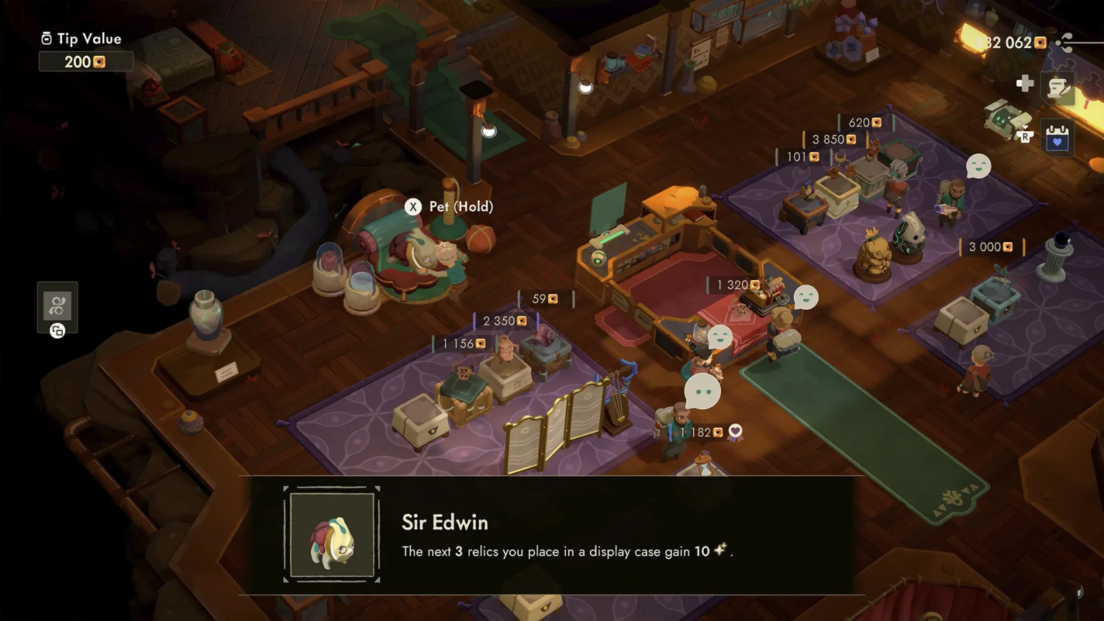 Customers browse relic displays marked with different prices inside Will's Moonlighter 2 shop.