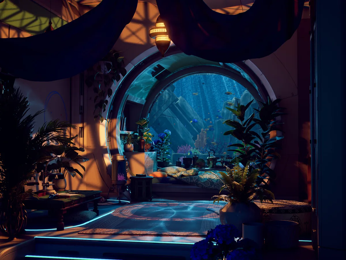 Plants surround a bed beneath a large aquarium window inside a Rivage crew room.