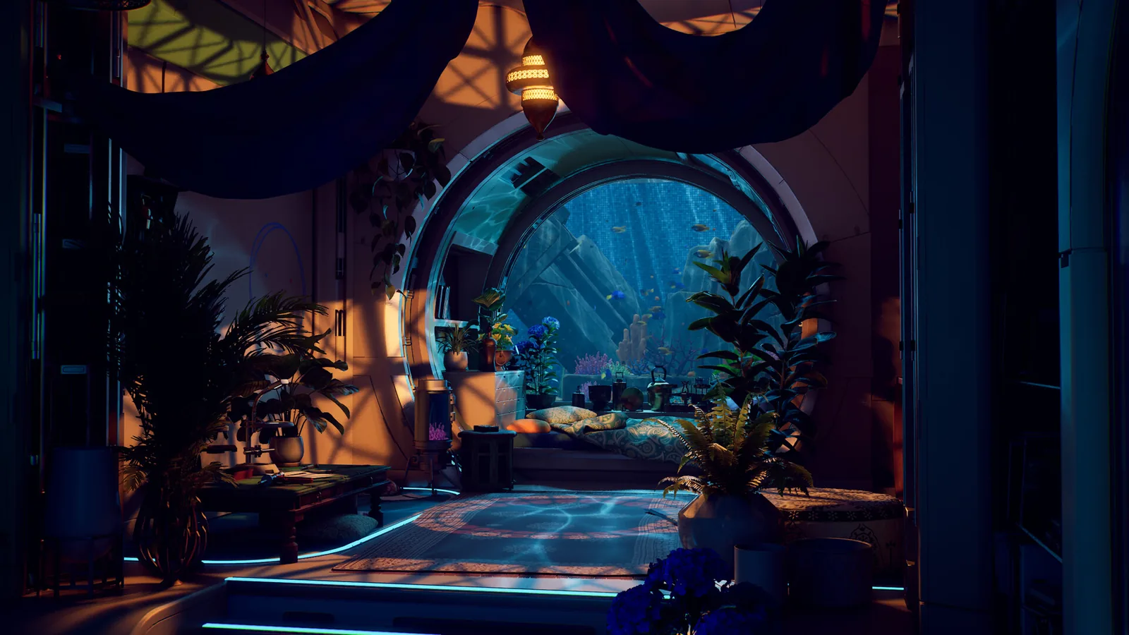 Plants surround a bed beneath a large aquarium window inside a Rivage crew room.