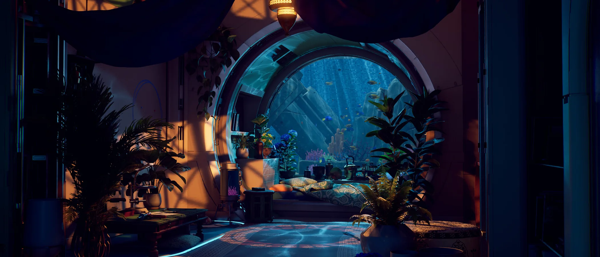 Plants surround a bed beneath a large aquarium window inside a Rivage crew room.