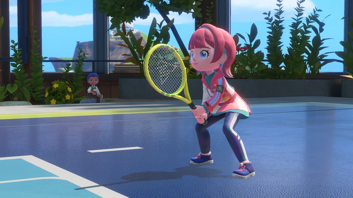 A character holding a yellow tennis racket waits on a Resort tennis court.