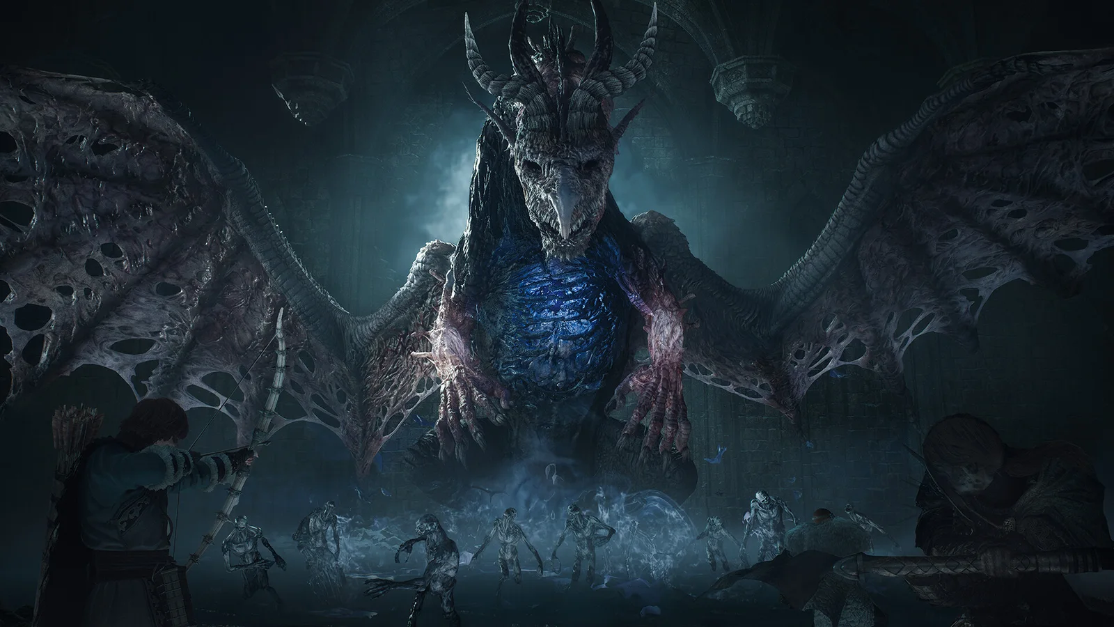 A horned, skeletal dragon looms over figures in a dark cavern.