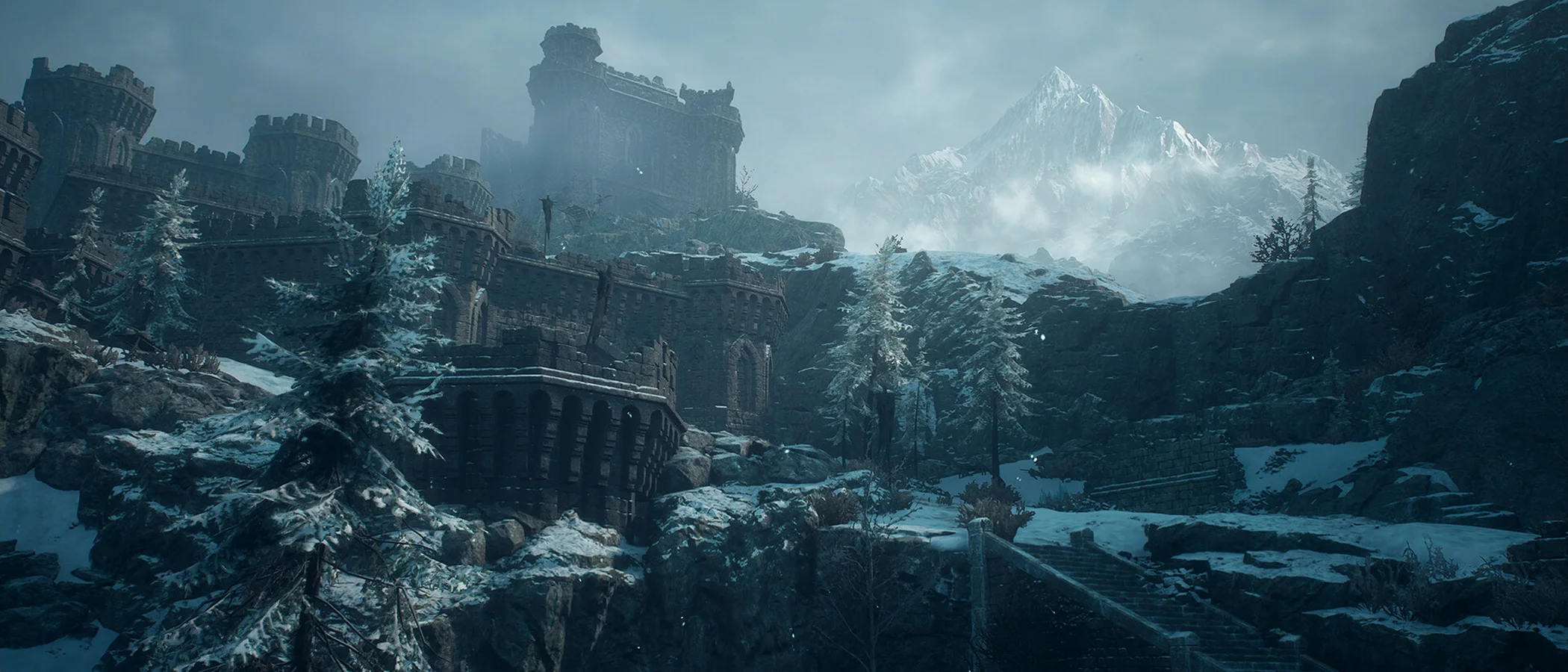 Snow-covered ruins and mountains in the northern region of Norgan.