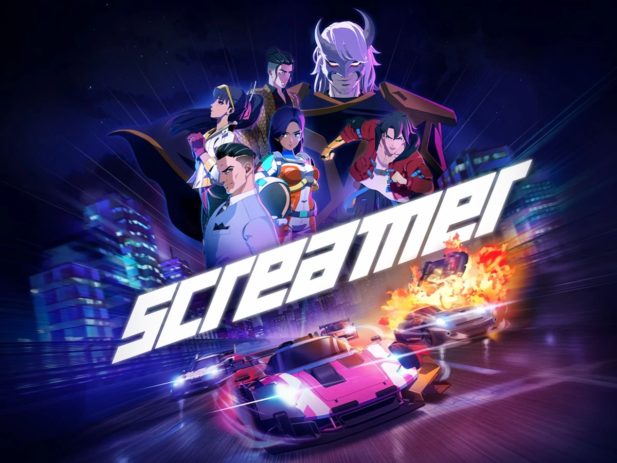 Screamer key art showing its drivers above neon racing cars
