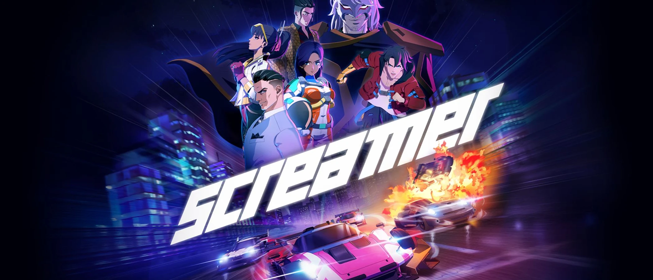 Screamer key art showing its drivers above neon racing cars