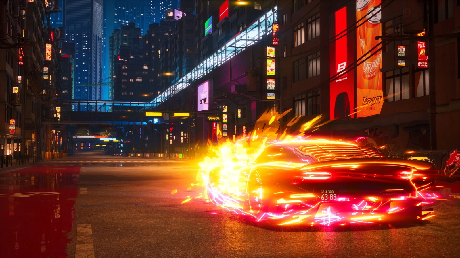 A racing car using Echo combat on a neon-lit Screamer circuit