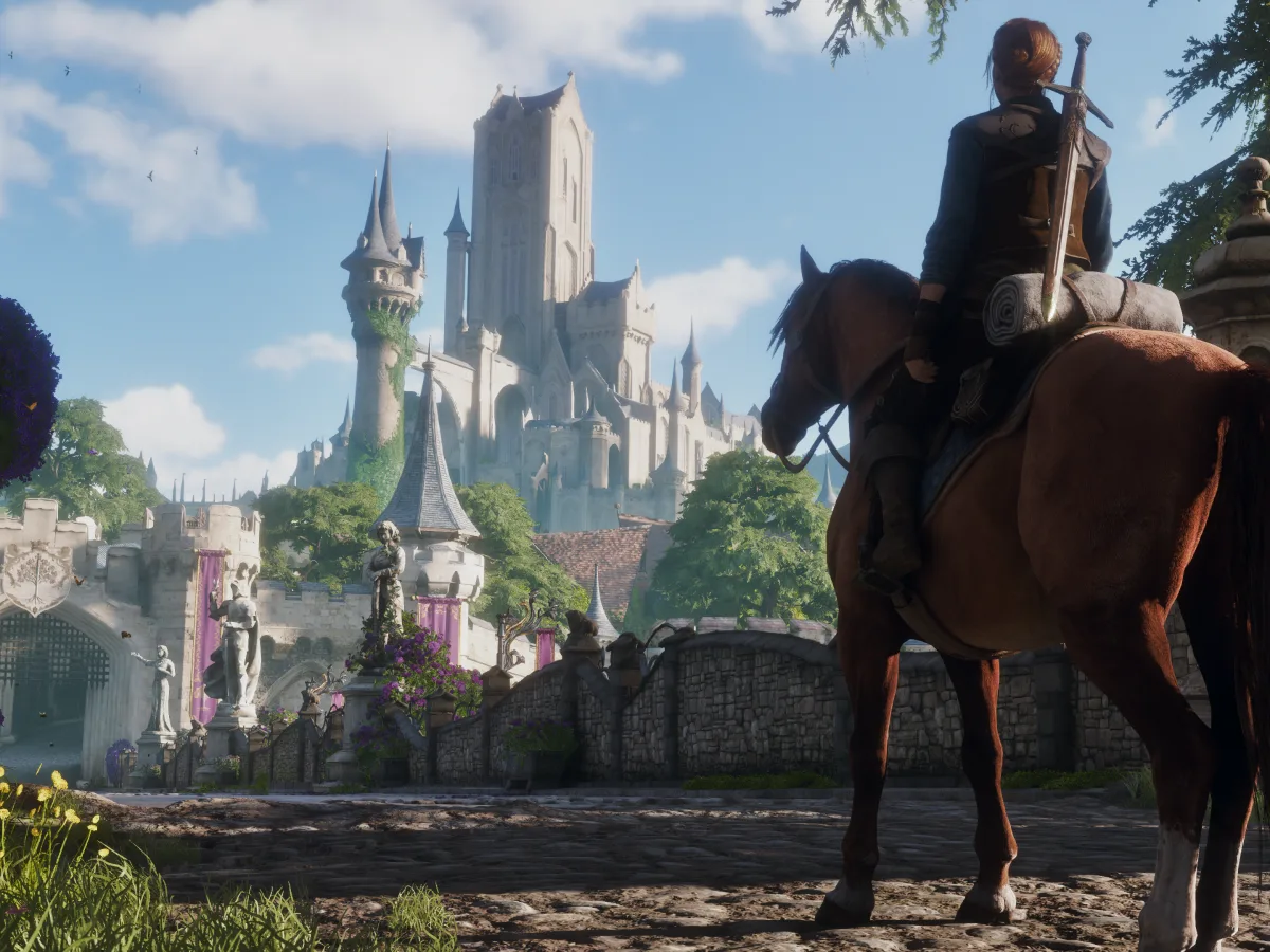 The Hero walks through Bowerstone, a busy fantasy town with a tall clock tower in the distance.