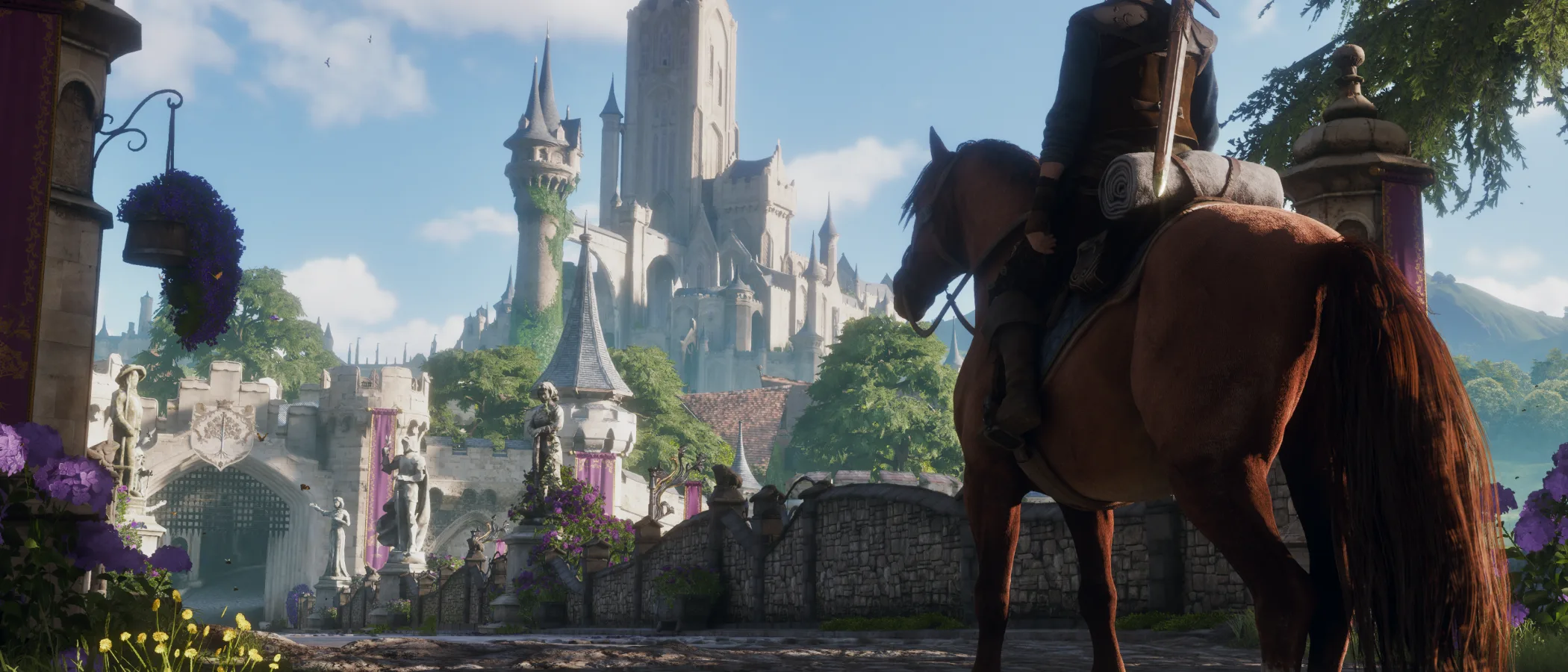 The Hero walks through Bowerstone, a busy fantasy town with a tall clock tower in the distance.