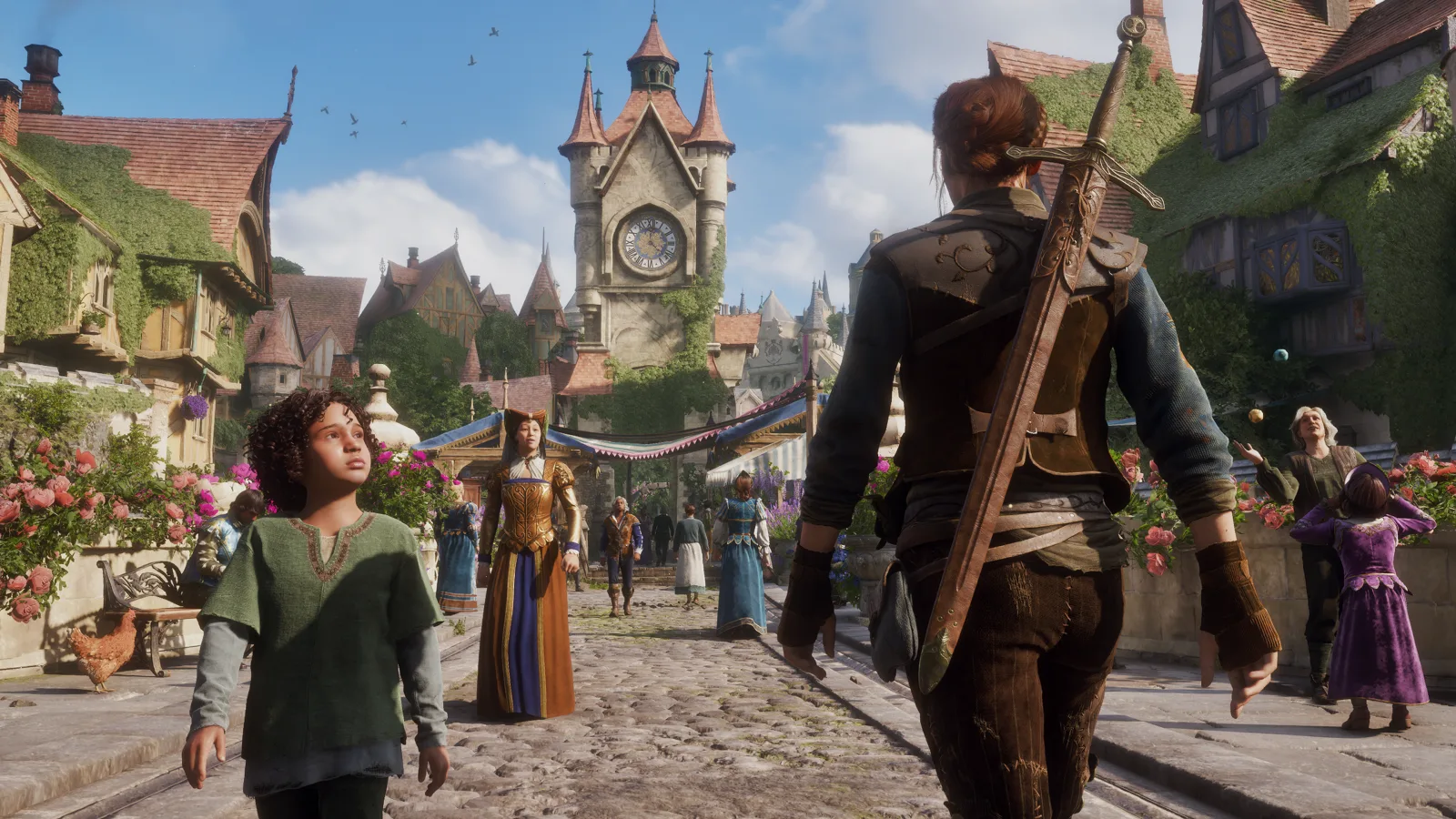 The Hero walks through a colourful town square in Albion, with a large clock tower rising over the buildings.