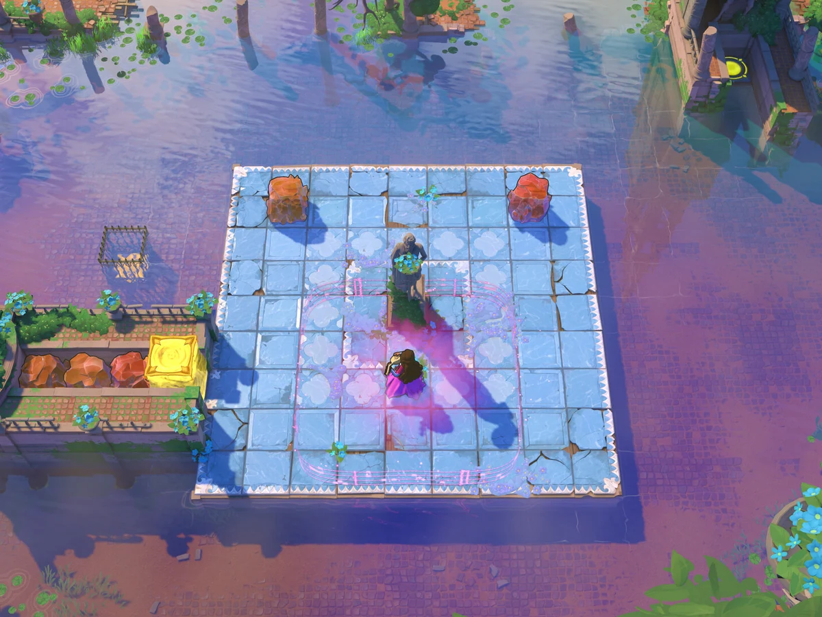 A purple-clad Bard stands inside a pink musical aura on a tiled island, facing another character.