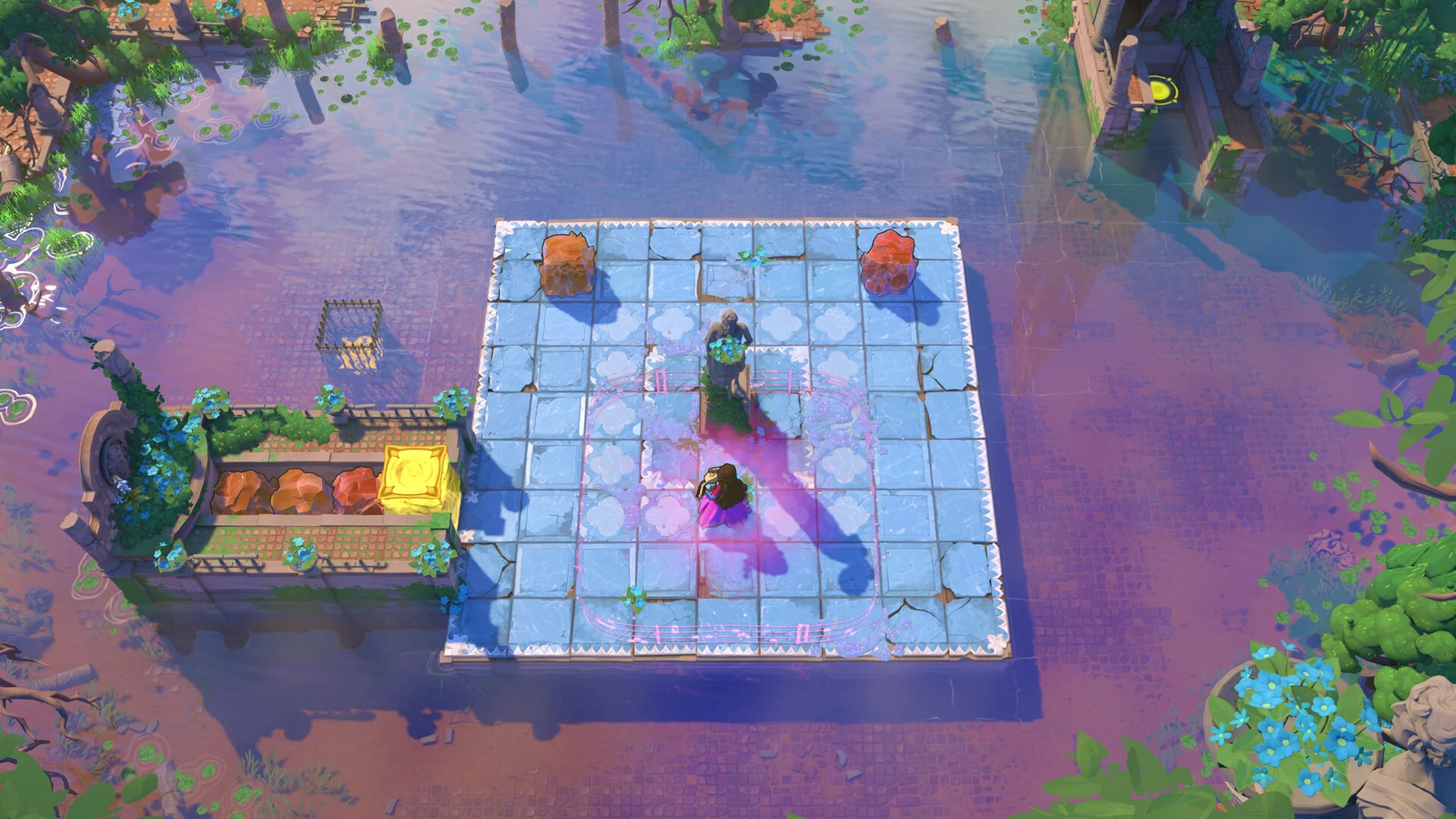 A purple-clad Bard stands inside a pink musical aura on a tiled island, facing another character.