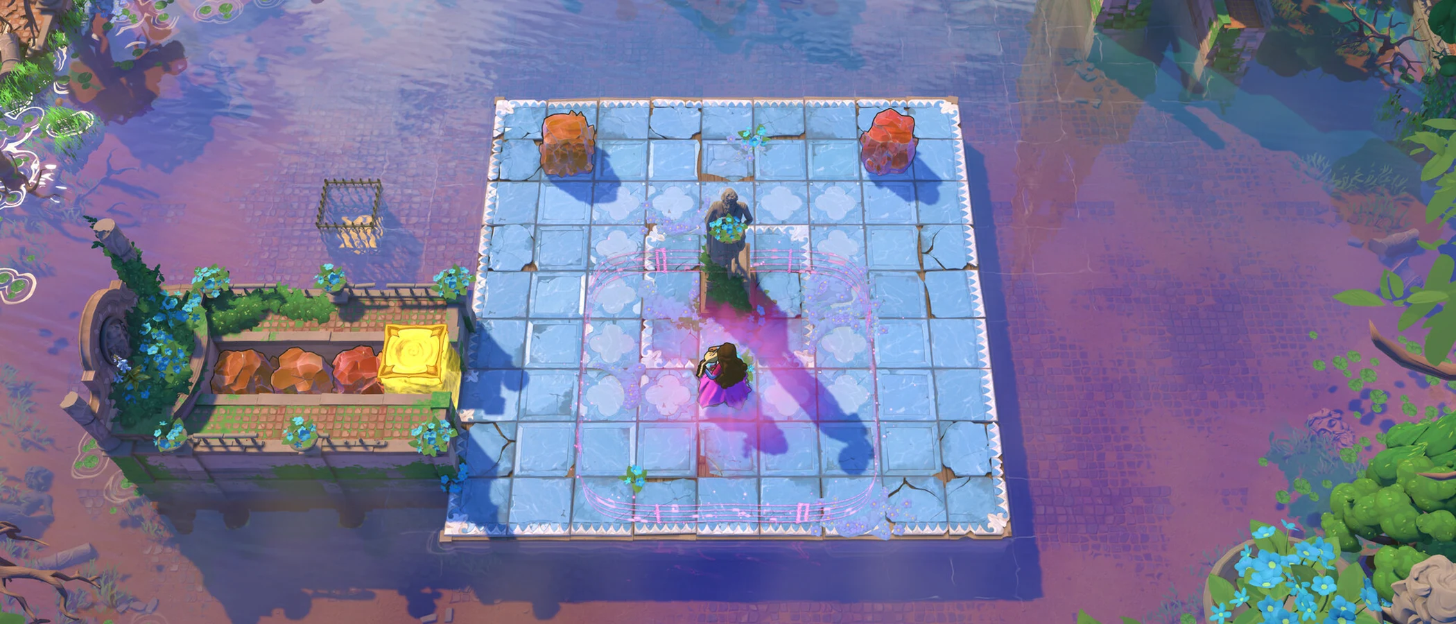 A purple-clad Bard stands inside a pink musical aura on a tiled island, facing another character.