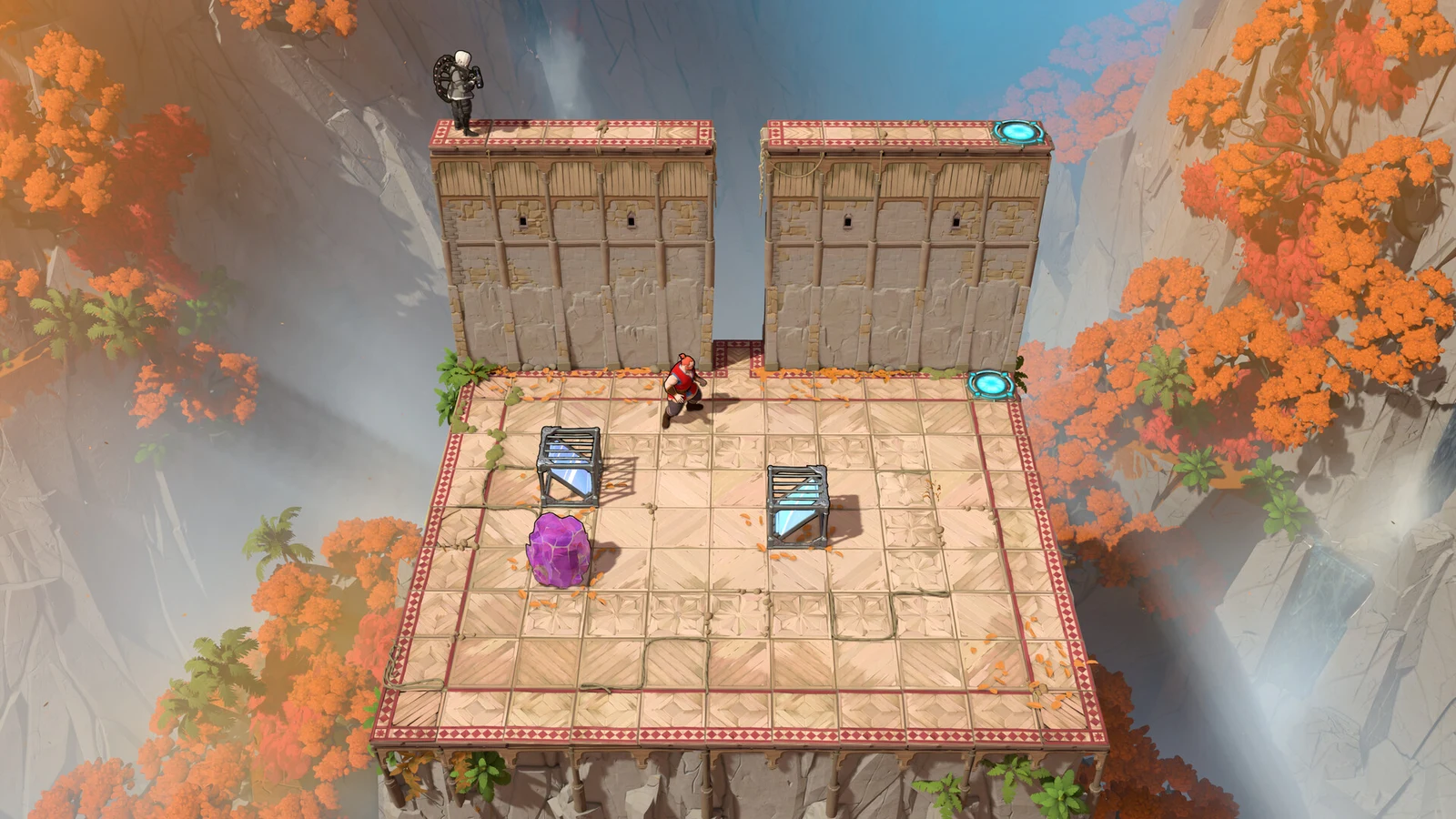 Three characters occupy a tiled platform with two mirrors, a purple crystal and glowing blue pads.