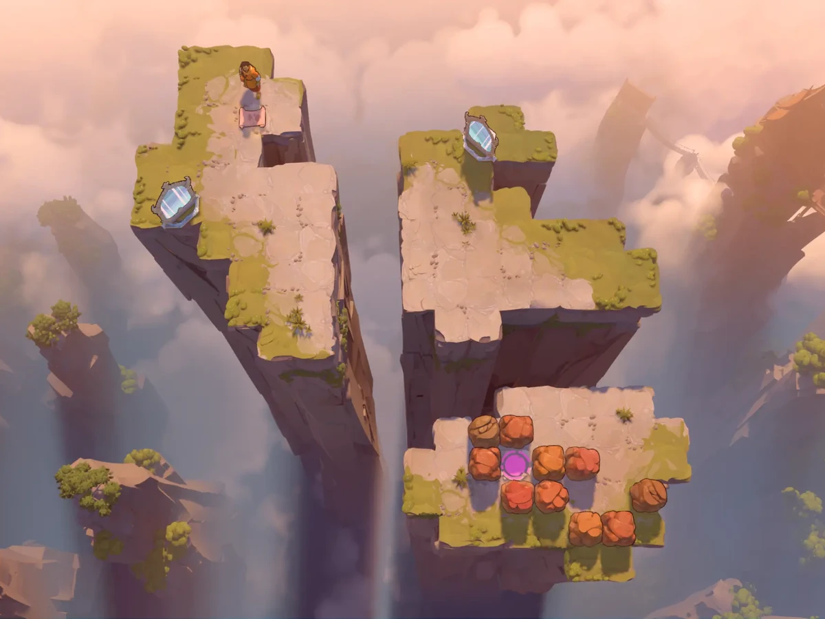 Floating stone islands and coloured puzzle blocks above the clouds in Order of the Sinking Star.