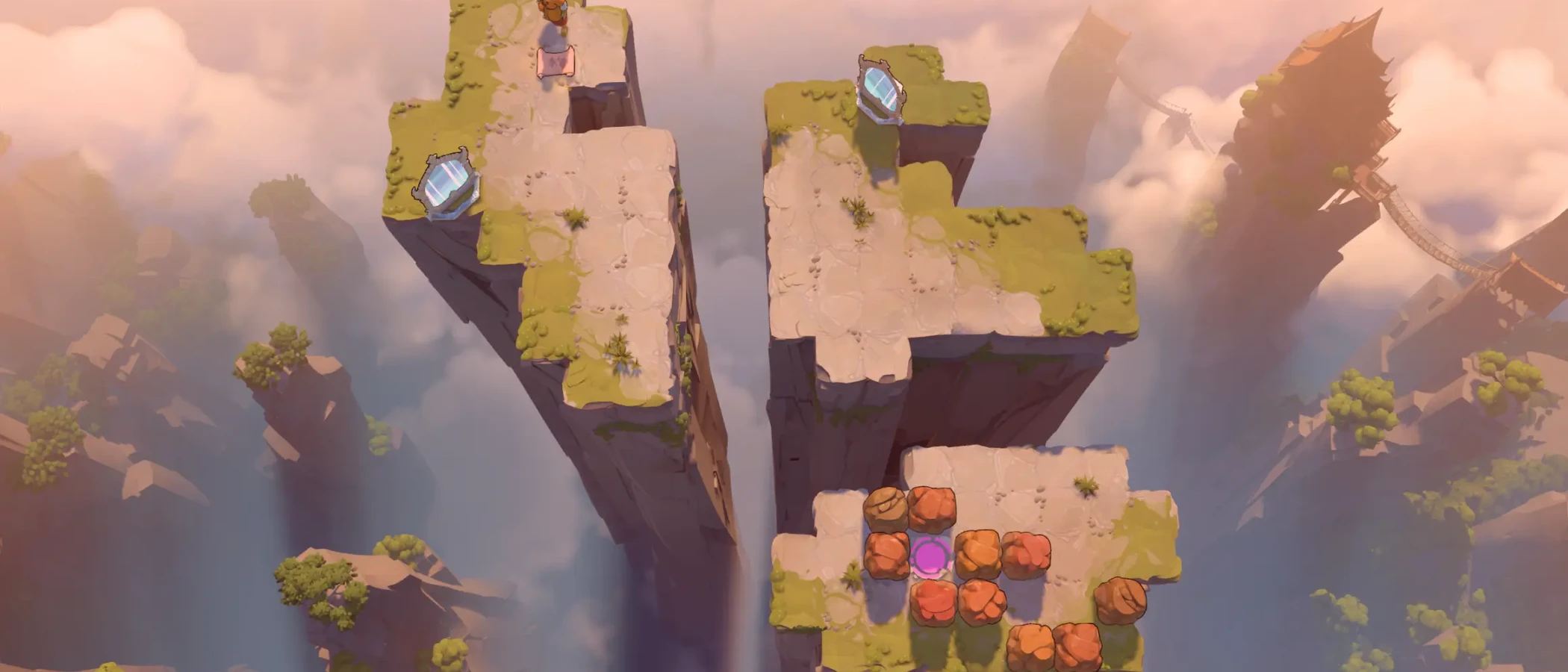 Floating stone islands and coloured puzzle blocks above the clouds in Order of the Sinking Star.